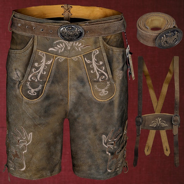 Antiqued Lederhosen Authentic Leather Suede Lederhosen Bavarian Traditional Men Short with Belt and Suspenders