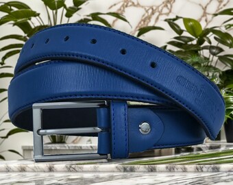 Handmade Men's Dress Leather Belt Full Grain Salika Blue Real Cowhide Unisex Belt Casual with Silver Metal Buckle Gift for Her, Mens Gift