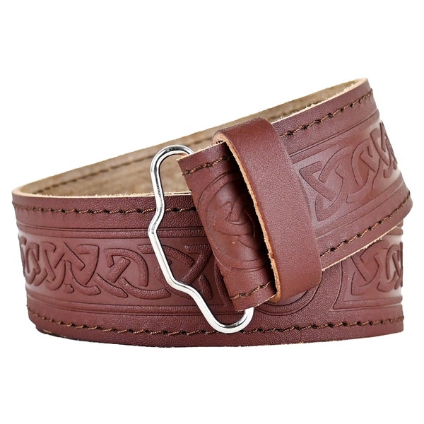 Mens Leather Belt Scottish Brown Leather Belt Traditional Celtic Knot Design Kilt Belt Embossed Formal Belt