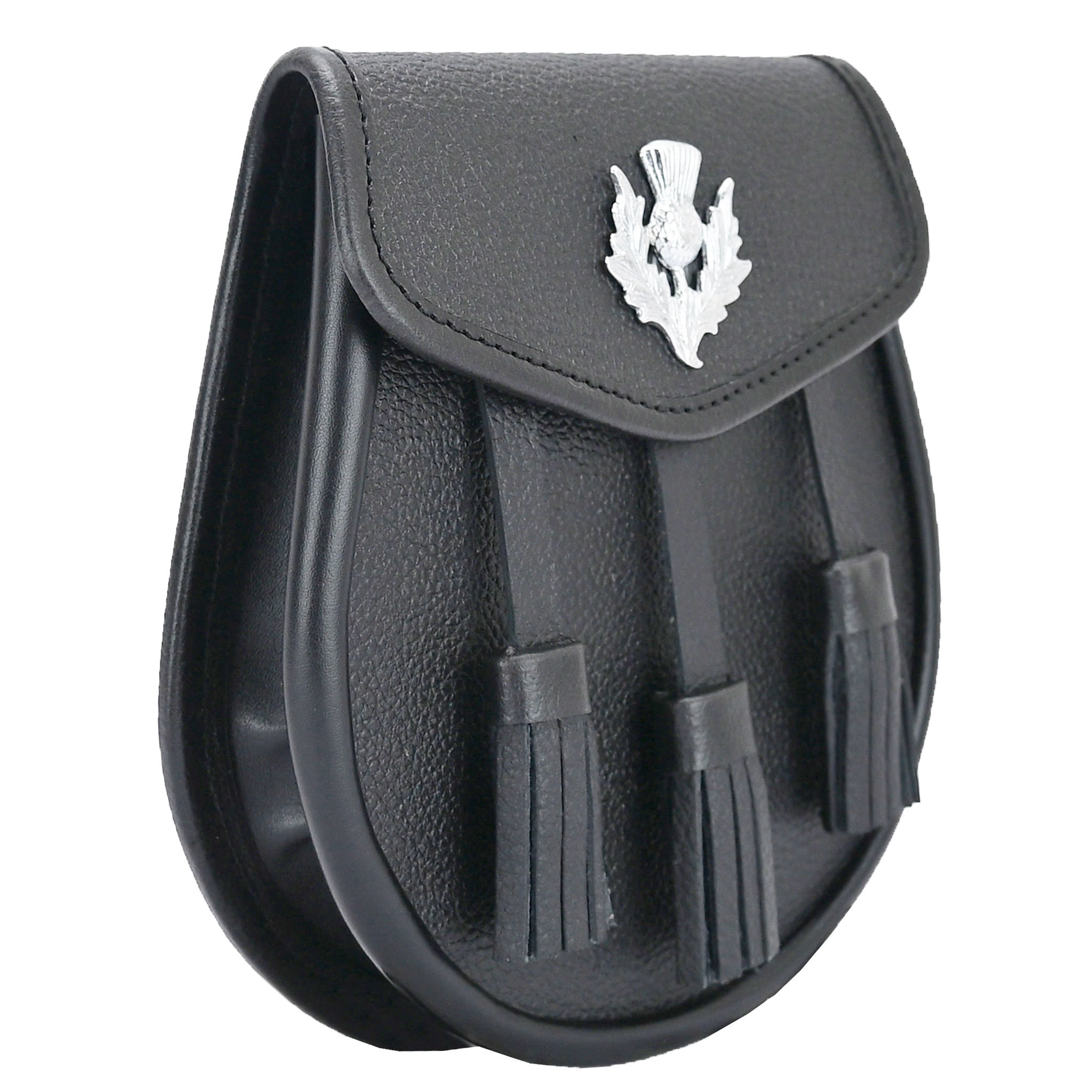 Kilt Sporran Distel Wappen Schwarz - Kaninchenfell Tasche Mit 3 Quasten & Chromkette