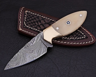 Handmade 7 Inch Damascus Steel Skinner Knife Bone Handle With Leather Sheath | Hunting Knife Birthday Gift Groomsmen Gift, Easter Gift