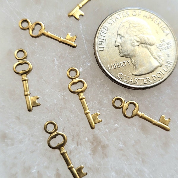 6 pcs Little Skeleton Key Charm Brass Stamping