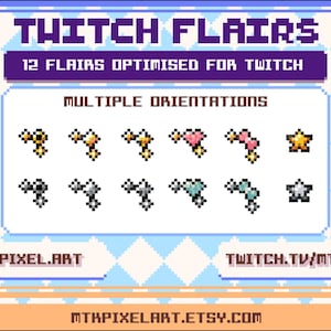 May include: A set of 12 Twitch flairs featuring various designs, including stars, hearts, and swirls. The flairs are optimized for Twitch and come in multiple orientations. The text "TWITCH FLAIRS" is at the top of the image, and the text "12 FLAIRS OPTIMISED FOR TWITCH" is below it. The text "MULTIPLE ORIENTATIONS" is in the middle of the image. The text "MTHPIXEL.ART" is in the bottom left corner of the image, and the text "TWITCH.TV/MTHS38" is in the bottom right corner of the image.