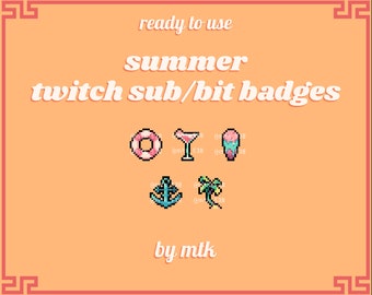 Summer Themed Pixel Art Twitch Sub/Bit Badges - 5 Badges, 3 sizes: 18px 36px 72px