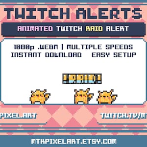 Può includere: Allerta di raid Twitch animata in stile pixel art con un personaggio giallo simile a Pikachu. L'allerta è disponibile in formato WEBM 1080p con più velocità, download istantaneo e configurazione facile. Il testo "MTPIXELART.ETSY.COM" è nella parte inferiore dell'immagine.