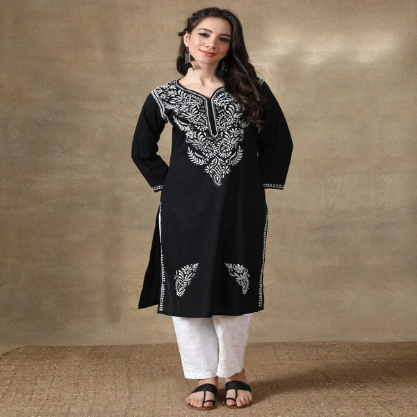 Chikankari Cotton Kurta Tunic Dress Hand Embroidered Lucknawi Designer Kurti for Women FREE SHIPPING