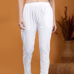White Chikankari Lucknowi Lycra Pants: Lucknowi Hand Embroidered Trousers Palazzo Pants - Casual Pajama  Pants FREE SHIPPING
