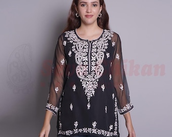Hand Embroidered Black Georgette Chikan Top: Lucknowi Chikankari, Top with Matching Slip, Straight Festive wear Tunic FREE SHIPPING