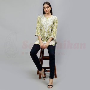 Seva Chikan Hand Embroidered Lucknowi Chikankari Cotton Women&#39;s Printed Short Top Tunic , Beautiful Embroidery Work, FREE SHIPPING
