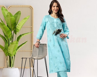 Hand Embroidered Chikan Kurta Palazzo Set, Lucknowi Cotton Ethnic Wear