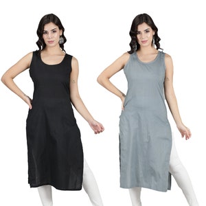 Full Slip Sheer Chemise Under Dress, Long cotton slip Sleeveless linen dress Elegant Perfect innerwear cotton camisole Black Combo PACK of 2