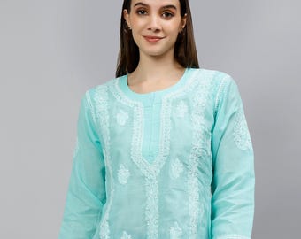 Lucknowi Chikankari Embroidered Cotton Tunic Top: Handmade Indian Shirt