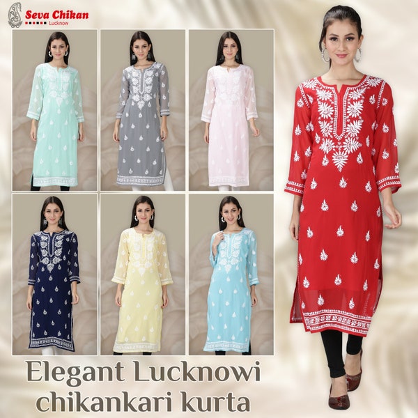 Lucknavi Chikankari Georgette Kurta FREE COTTON INNER, kurti bleu, belle longue robe tunique ethnique pastel pour femme pour toutes les occasions