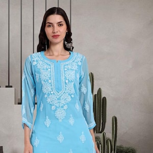FREE INNER Embroidered Women Straight kurta, Blue Chikan Long Kurti, Georgette Fabric Festive Wear, Ethnic Lucknowi Handcrafted Dress