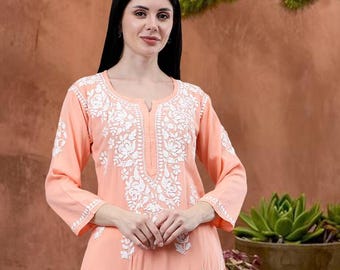 Hand Embroidered Chikankari Kurta: Peach Rayon Summer Wear