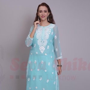 Schwarze Georgette Hand bestickt Lucknowi Chikankari Indian Kurta für Frauen, ethnische Chikan Anlass tragen, FREE INNER