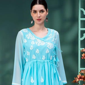 Handmade White Chikankari Short Kurta Angrakha Style with Camisole, Lucknowi Chikan Georgette Kurti/Top, Casual Wear Embroidered Top