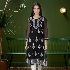 Hand Embroidered Chikankari Kurta: Georgette Tunic Dress with Slip Long Kurta Shirt for women, Festive wear Kurtis FREE SHIPPING