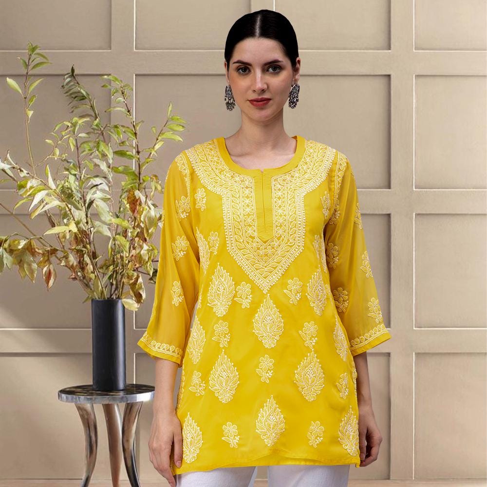 Hand Embroidered Lavender Georgette Kurti Top: Lucknowi Chikankari, Top with Matching Slip, Straight Festive wear Tunic FREE SHIPPING