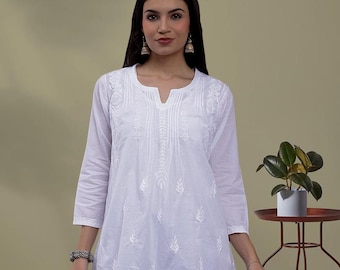 Hand Embroidered Chikankari Cotton Tunic: Lucknowi Indian Top Festive wear Short Shirt, loose top FREE SHIPPING