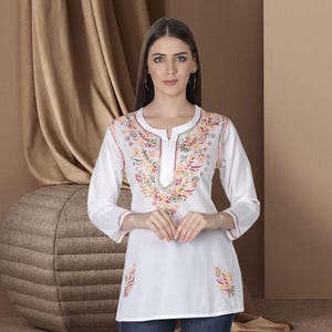 Embroidered Hand work white top cotton Lucknowi Chikankari short tunic kurti blouse yoga dress, boho dress , Made In India Summer Wear