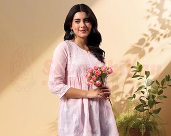 Hand Embroidered Lucknowi Chikankari Terivoil Cotton A-line Top : Women's Short Tunic