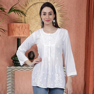 White Cotton Hand Embroidered Lucknowi chikankari short kurti top for Women, Casual wear Free Shipping