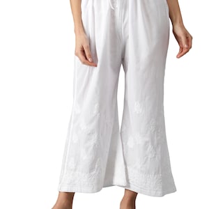 Seva Chikan Hand Embroidered Lucknowi Chikankari Palazzo White Cotton Pajama Pants Free Shipping in US/UK