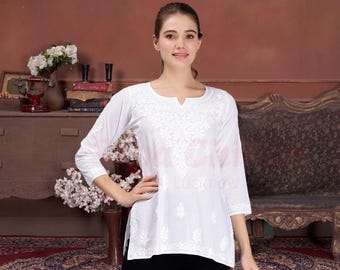 White Cotton Chikankari Hand Embroidered Tunic Top Casual wear for women