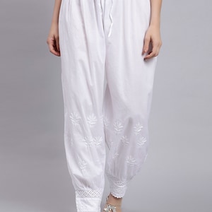 Seva Chikan Hand Embroidered Lucknowi Chikankari Cotton Afghani Salwar Pants for women, Casual Relaxed Palazzo FREE SHIPPING