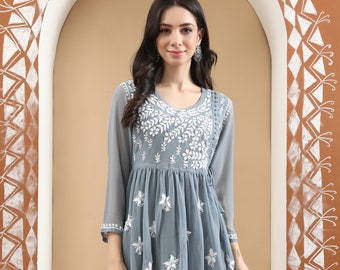 Chikankari Georgette Tunic Top: Hand Embroidered Indian Kurti