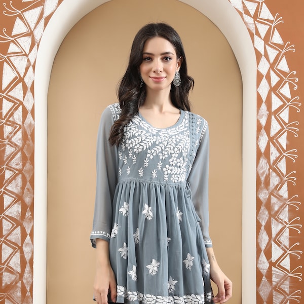 Chikankari georgette short top hand embroidered tunic kurti, boho dress, casual shirt, ethnic wear, flared frock, Gift for Her, Indian dress