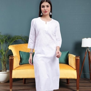 White Cotton Chikankari Kurti: Lucknowi Embroidered Chikan Wear Long Kurta Shirt for women, Festive wear Kurtis FREE SHIPPING
