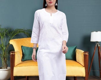 Chikankari Kurti de algodón blanco: ropa Chikan bordada de Lucknowi