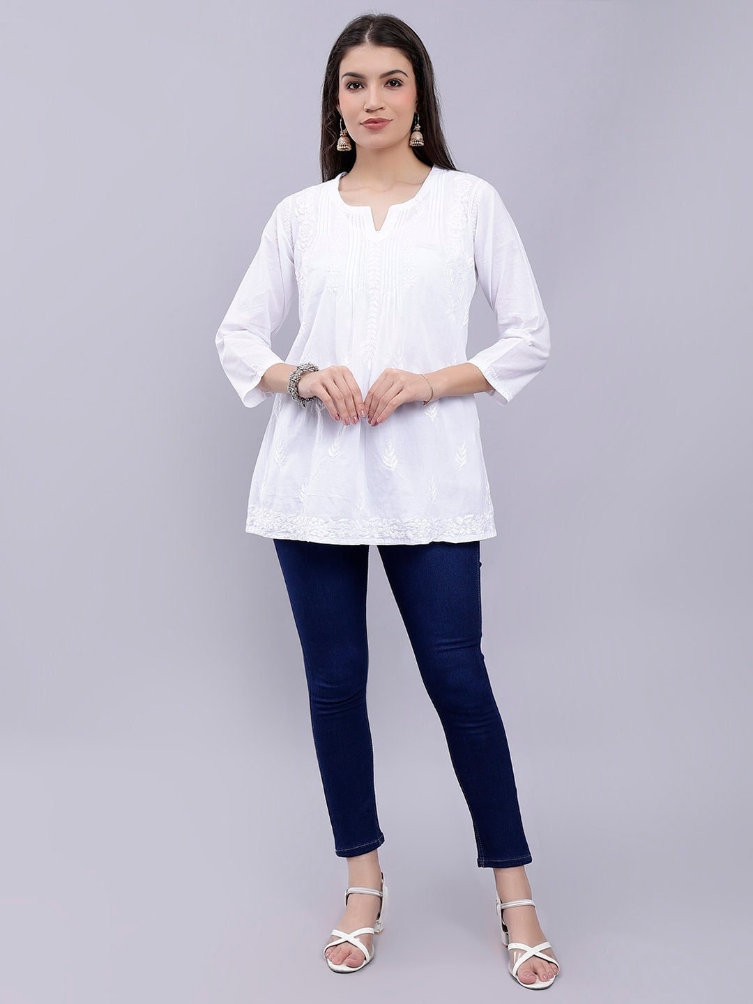 3/4th Sleeve Casual Wear Indian Embroidered Tunic White Cotton Kurti at Rs  400/piece in Jaipur
