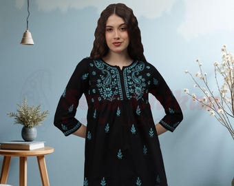 Chikankari Tunic Hand Embroidered Black Cotton Top: Ethnic Chikan A-Line Top