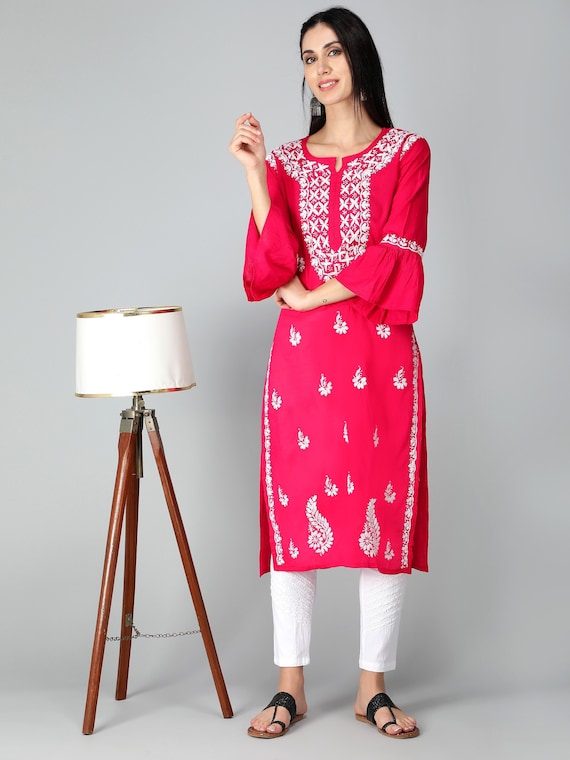 Party Wear Georgette Lucknowi Chikankari Handmade Long Kurti, Age Group:  18-55 at Rs 450 in New Delhi