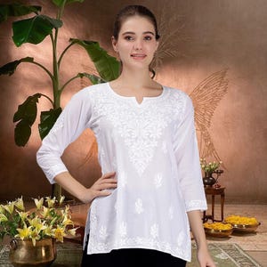 White Cotton Short top for women , Lucknowi Chikankari Hand Embroidered Tunic , Pair with Jeans , Pant  FREE SHIPPING
