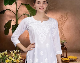 White Cotton Chikankari Embroidered Tunic Top Festive wear Short Shirt, loose top FREE SHIPPING