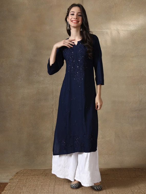 PESAS Women's Pure Cotton Straight Casual Kurti Daily Wear Kurta Knee Length  White Embroidered Chikan Lucknowi