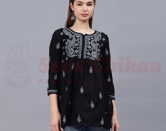 Hand Embroidered Black Cotton Chikankari Tunic Top: Ethnic A-Line Wear Festive wear Short Shirt, loose top FREE SHIPPING