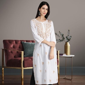 FREE SHIPPING Hand Embroidered Lucknowi Chikankari White Cotton Indian Straight Kurta for Women Gift for her New Arrival Party Casual look