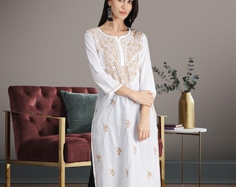 Lucknowi Chikankari Kurta: Túnica india de algodón blanco bordada a mano