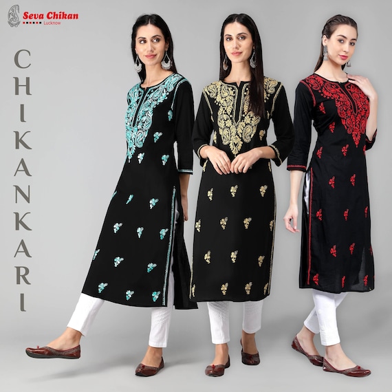 Buy ADA Hand Embroidered Black Cotton Lucknowi Chikan Kurti- A100390 (XS)  (A100390) online