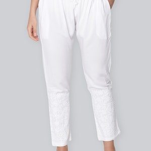 White Cotton Modal Palazzo Pants: Lucknowi Chikankari Embroidery Palazzo Pants - Casual, Party Wear Pants FREE SHIPPING