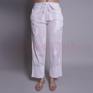 White Cotton Hand Embroidered Palazzo Pants: Lucknowi Chikankari Ethnic Wear / Elasticated Waist Pajama for Women FREE Shipping in US/UK