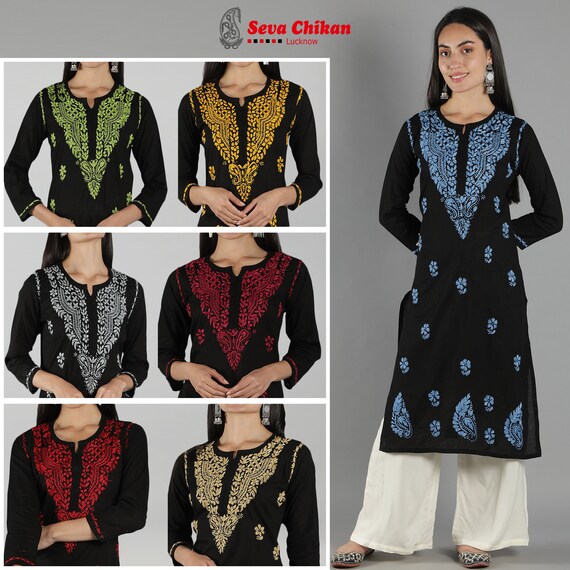 Trendy Mirror Work Chikankari Handwork Embroidered Booti Jaal Black Kurti  With inner.