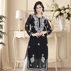 FREE SHIPPING  chikankari kurti, handmade Indian Georgette Long Kurta for Women with slip, soft fabric, comfort wear for All Occasion