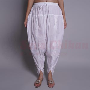 Seva Chikan Hand Embroidered Lucknowi Chikankari White Cotton Dhoti for Women , Ethnic Chikan Wear Pair with Tunics & Kurtis