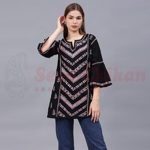 Seva Chikan Lucknowi Chikankari Embroidered Cotton Short Tunic Top: Handmade Indian Shirt, Holiday Tunic, Gifts for Her FREE SHIPPING